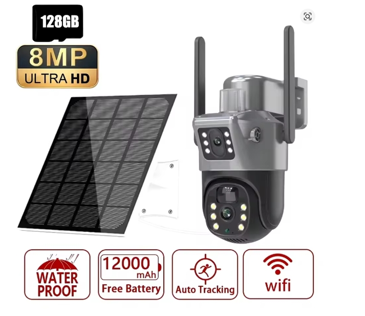 Cámara Solar 4K 8MP WIFI de Doble Lente PTZ 4G 270 ° Cámara de Seguridad IP para Exteriores con Doble Pantalla, Seguimiento Humano por PIR y Vigilancia CCTV